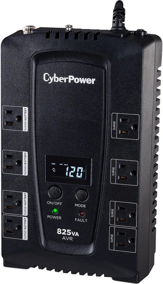 CyberPower CP825AVRLCD Intelligent LCD UPS Systems - 825VA/450W, 120 VAC, NEMA 5-15P, Compact, 8 Outlets, LCD, PowerPanel