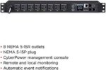 CyberPower PDU41001 Single Phase 100 - 120 VAC 15A Switched PDU - 8 Outlets, 12 ft, NEMA 5-15P, Horizontal, 1U, SNMP, LCD