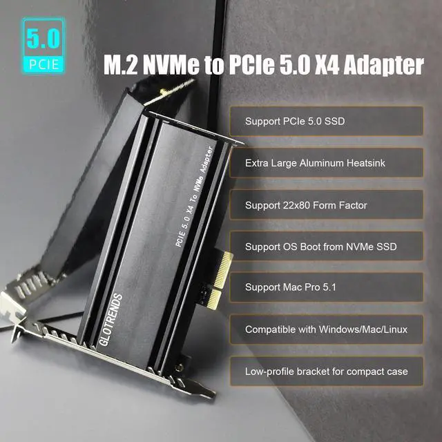 GLOTRENDS PA18 M.2 NVMe to PCIe 5.0 X4 Adapter for M.2 NVMe SSD, Extra Large Aluminum Heatsink, Regular and Low-Profile Bracket (Black)