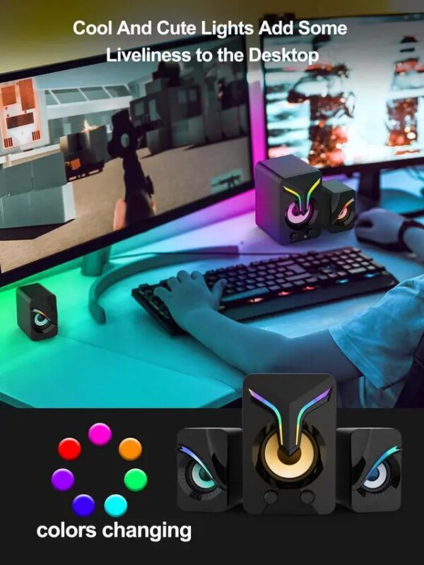 High Performan Computer Speaker, Mini PC Speakers with Subwoofer, 2.1 Desktop Speaker with RGB Lights, USB Powered, Stereo Sound, Gaming Speaker with