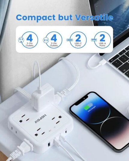 HOPOW Flat Plug Power Strip, 5 Ft Ultra Thin Flat Extension Cord with 8 Outlets 4 USB Ports (1 USB C), 1440 J Surge Protector, Wall Mount for Office