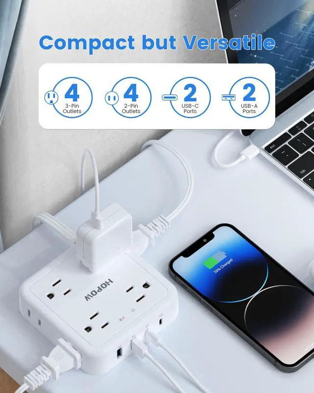 HOPOW Flat Plug Power Strip, 5 Ft Ultra Thin Flat Extension Cord with 8 Outlets 4 USB Ports (1 USB C), 1440 J Surge Protector, Wall Mount for Office