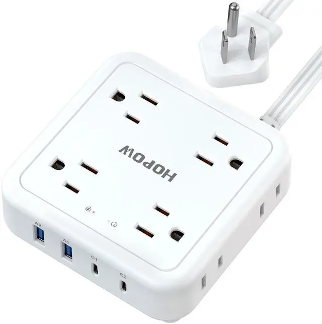 HOPOW Flat Plug Power Strip, 5 Ft Ultra Thin Flat Extension Cord with 8 Outlets 4 USB Ports (1 USB C), 1440 J Surge Protector, Wall Mount for Office