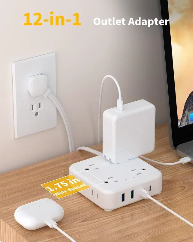 HOPOW Flat Plug Power Strip with 15W USB C Port, 5 Ft Ultra Thin Extension Cord with 8 Outlets & 4 USBs, 1440 Joules Surge Protector, Power Delivery High-Speed Charging Station...