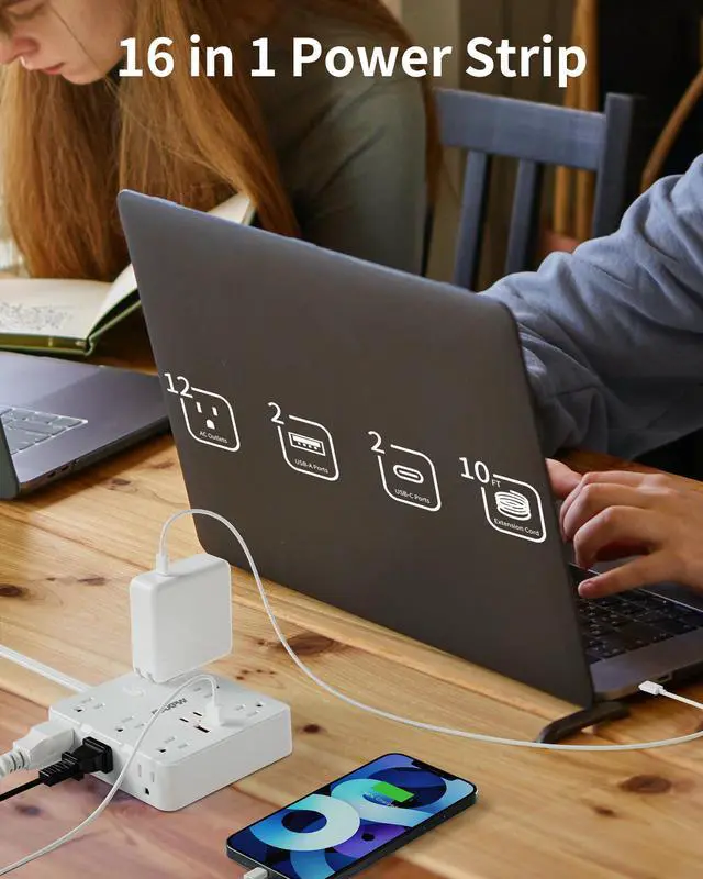 HOPOW Power Strip Surge Protector -10 ft Flat Plug Extension Cord with 12 Outlets & 4 USB Ports (2 USB C), 1700 Joules, Wall Mount, Desk Charging