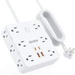 HOPOW Power Strip Surge Protector -10 ft Flat Plug Extension Cord with 12 Outlets & 4 USB Ports (2 USB C), 1700 Joules, Wall Mount, Desk Charging