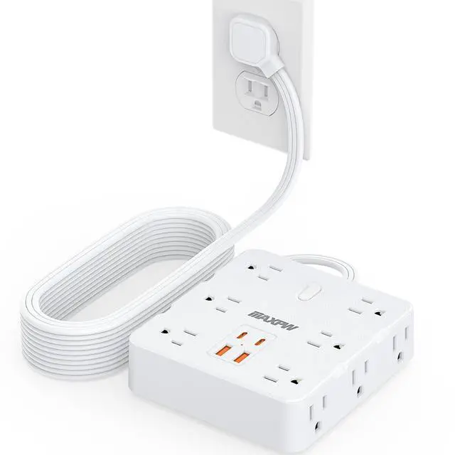 HOPOW Power Strip Surge Protector -10 ft Flat Plug Extension Cord with 12 Outlets & 4 USB Ports (2 USB C), 1700 Joules, Wall Mount, Desk Charging