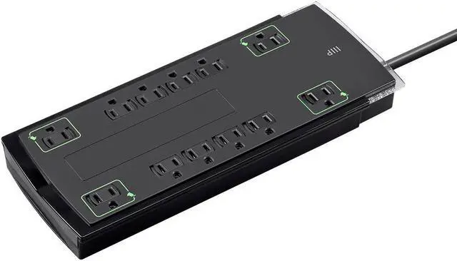 Monoprice 12 Outlet Slim Surge Protector Power Strip - 10 Feet - Black | Heavy Duty Cord | UL Rated, 4,230 Joules With Grounded And Protected Light