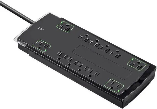 Monoprice 12 Outlet Slim Surge Protector Power Strip - 10 Feet - Black | Heavy Duty Cord | UL Rated, 4,230 Joules With Grounded And Protected Light