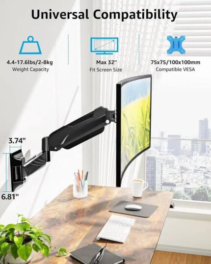 MOUNTUP Monitor Wall Mount for 17-32 Inch Computer Screen, Wall Mounted Arm Support 4.4-17.6lbs Display, Gas Spring Monitor Arm, VESA Bracket for VESA