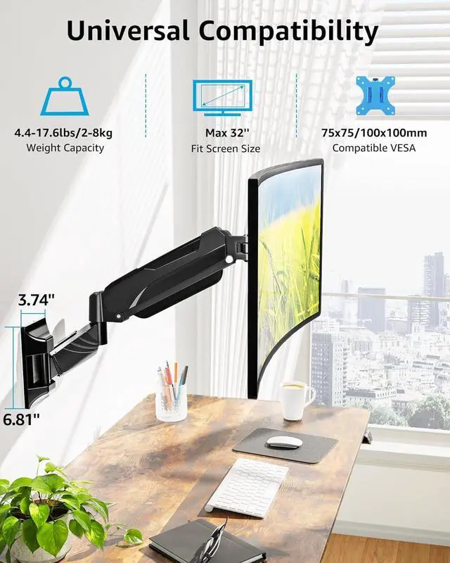MOUNTUP Monitor Wall Mount for 17-32 Inch Computer Screen, Wall Mounted Arm Support 4.4-17.6lbs Display, Gas Spring Monitor Arm, VESA Bracket for VESA