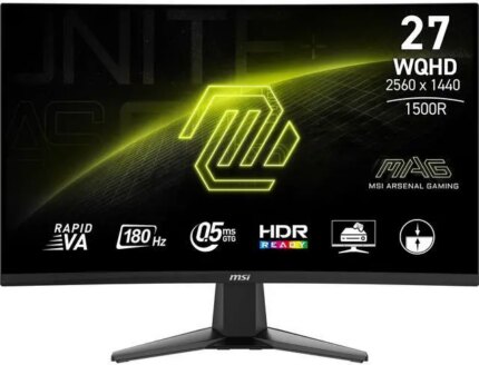 MSI MAG 27CQ6F 27-inch 2560 x 1440 (QHD) Gaming Monitor, 180Hz, Curved Screen, Adaptive-Sync, HDR Ready, HDMI, VGA Port, Display Port,VESA Mountable,