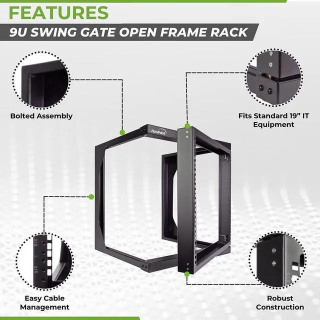 NavePoint 9U Wall Mount IT Open Frame 19" Rack with Swing Out Hinged Gate Black