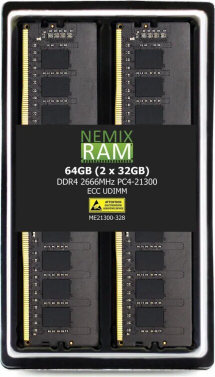 NEMIX RAM 64GB (2X32GB) DDR4 2666MHZ PC4-21300 2Rx8 1.2V 288-PIN ECC Unbuffered UDIMM Memory KIT