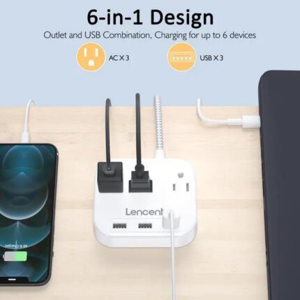 Power Strip with USB, 3 Outlet 3 USB Charging Ports (17W/ 3.4A), Flat Plug with 6.6ft Braided Extension Cord, Desktop & Wall Mountable, Compact for
