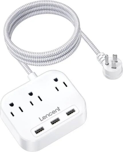 Power Strip with USB, 3 Outlet 3 USB Charging Ports (17W/ 3.4A), Flat Plug with 6.6ft Braided Extension Cord, Desktop & Wall Mountable, Compact for