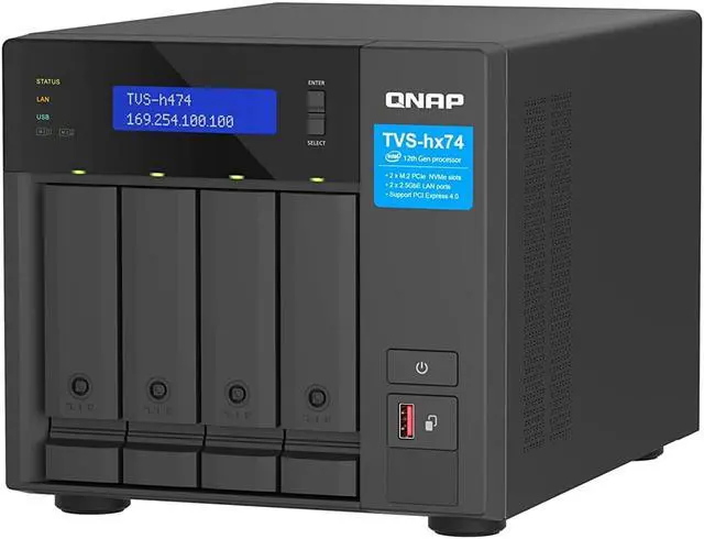 QNAP TVS-h474-PT-8G-US 4 Bay High-Speed Desktop NAS with Intel® Pentium® Gold 2-core CPU, 8GB DDR4 Memory, 2.5 GbE Networking and PCIe Gen 4