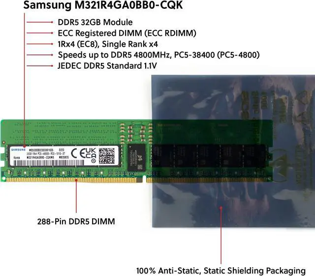 Samsung M321R4GA0BB0-CQK 32GB DDR5-4800 REG EC8 RDIMM PC5-38400R ECC Registered DIMM 288-Pin 1Rx4 1.1V Server Memory RAM Module