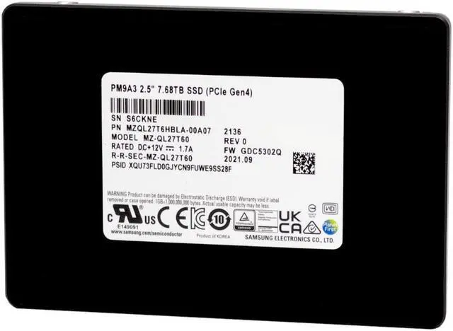 Samsung PM9A3 7.68TB PCIe Gen4 x4 NVMe U.2 Data Center SSD MZ-QL27T60 (MZQL27T6HBLA-00A07)