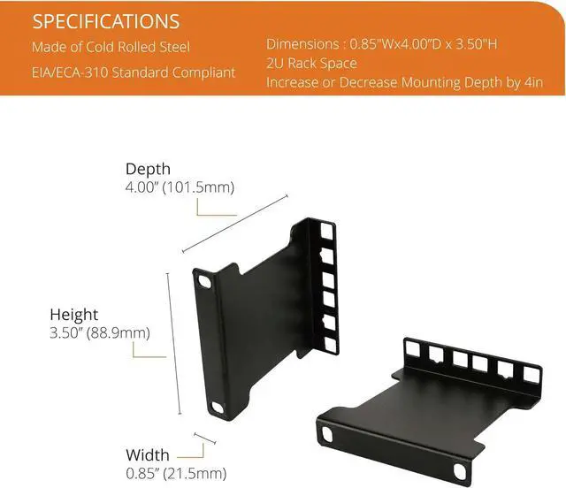 Server Rack Depth Extender - 2U - 4inch / 10 cm - TAA Compliant - Recessed Rack Adapter - Rack Mount Adapter Kit - Network Rack Extender