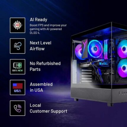 Skytech Azure Gaming PC Desktop, Ryzen 7 7700 3.8 GHz (5.3GHz Turbo), NVIDIA RTX 5060 Ti 16GB GDDR7, 1TB Gen4 NVMe SSD, 32GB 5200Mhz DDR5 RAM RGB,
