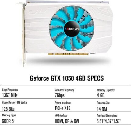 SRhonyra GTX 1050 4GB Graphics Card GDDR5 128 Bit PCIe 3.0 x16 Bus Powered DP+HDMI+DVI Ports Gaming Video Card Dual Width GPU for Tower PC Case