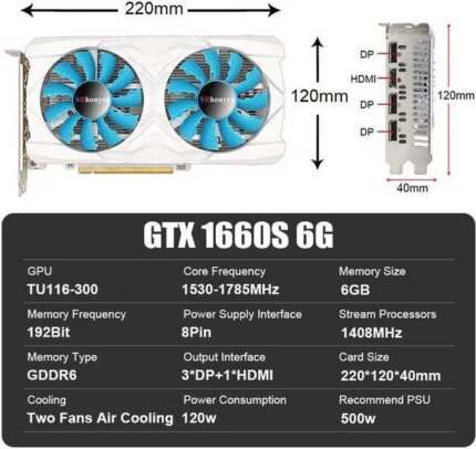 SRhonyra GTX 1660 Supper 6GB DDR6 192bit Gaming graphics card 8Pin PCIe 3.0x16 Supprt 4 Monitors 3xDisplay Port + 1x HDMI Port