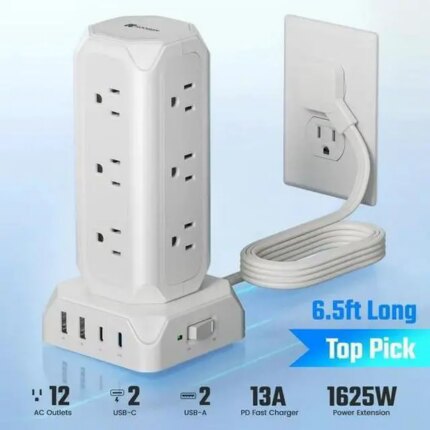 SUPERDANNY 12-Outlet Surge Protector Power Strip Tower,1700 Joule Charging Station with 12 AC Outlets, 4 USB Ports, 6.5ft Extension Cord for Home