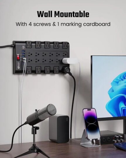 SUPERDANNY 2 USB-C Ports Fast Charging Station Power Strip Surge Protector 22 Outlets 2100J Iphone Charger