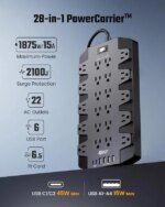 SUPERDANNY Power Strip Surge Protector 45W PD USB-C Fast Charging 22 AC Outlet 6.5ft Extension Cord