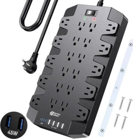 SUPERDANNY Power Strip Surge Protector 45W PD USB-C Fast Charging 22 AC Outlet 6.5ft Extension Cord