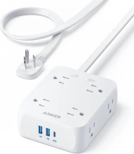 Surge Protector Flat Plug Power Strip 2000J, Anker 5ft Thin Extension Cord with 8 Outlets, 2 USB A and 1 USB C Port, 20W for iPhone15, Wall Mount,