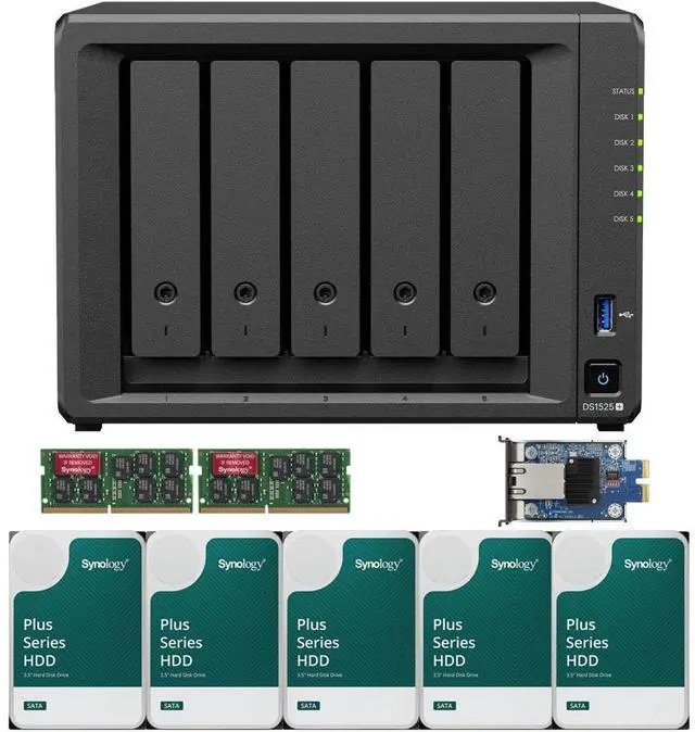Synology DS1525+ Quad-Core 5-Bay NAS with 16GB RAM and 20TB (5 x 4TB) of Synology Plus Drives and 10GbE Adapter Fully Assembled and Tested By