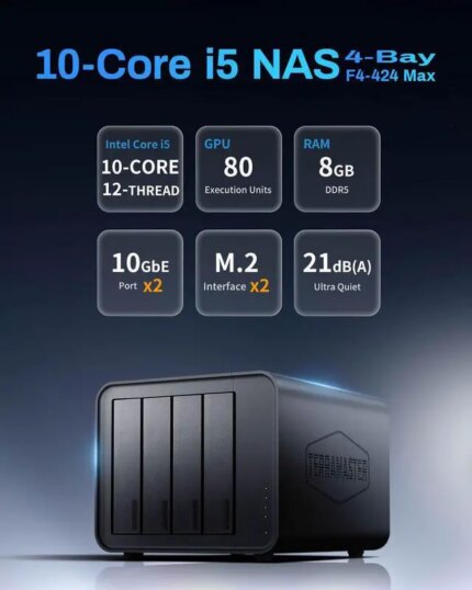 TERRAMASTER F4-424 Max NAS Storage - 4Bay Core i5 1235U 10-Cores 12-Threads, 8GB DDR5 RAM, Dual 10GbE Ports, Network Attached Storage Peak Performance