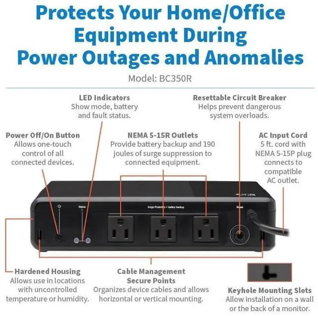 Tripp Lite 350VA 210W 120V Standby UPS 3 Outlets Surge + Battery Backup BC350R