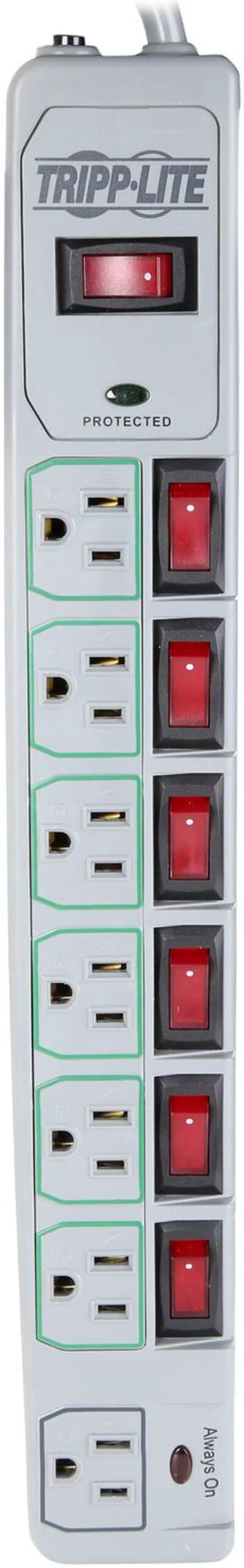 Tripp Lite 7-Outlet Surge Protector Power Strip, 6 Feet Cord, 1080 Joules, Individually-Controlled Outlets (TLP76MSG)