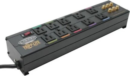 Tripp Lite HT10DBS Isobar 10-Outlet Home/Business Theater Surge Protector, 8 ft. Cord with Right-Angle Plug, 3840 Joules, LEDs, Metal Housing